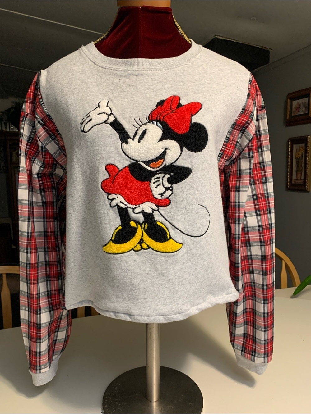 Upcycled Disney Graphic Tee Cimbined with a Men’s Pkaid shirt for a one of a kin